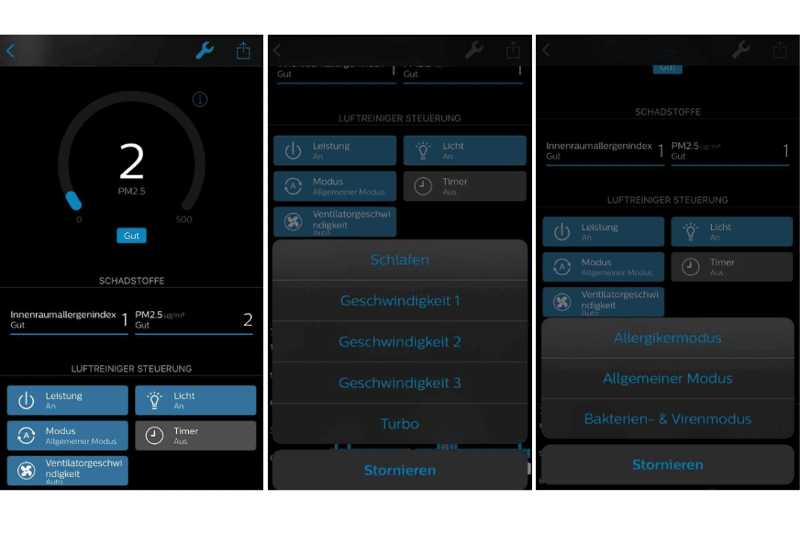 App Einstellungen sowie die Lüftergeschwindigkeiten und die drei automatischen Modi